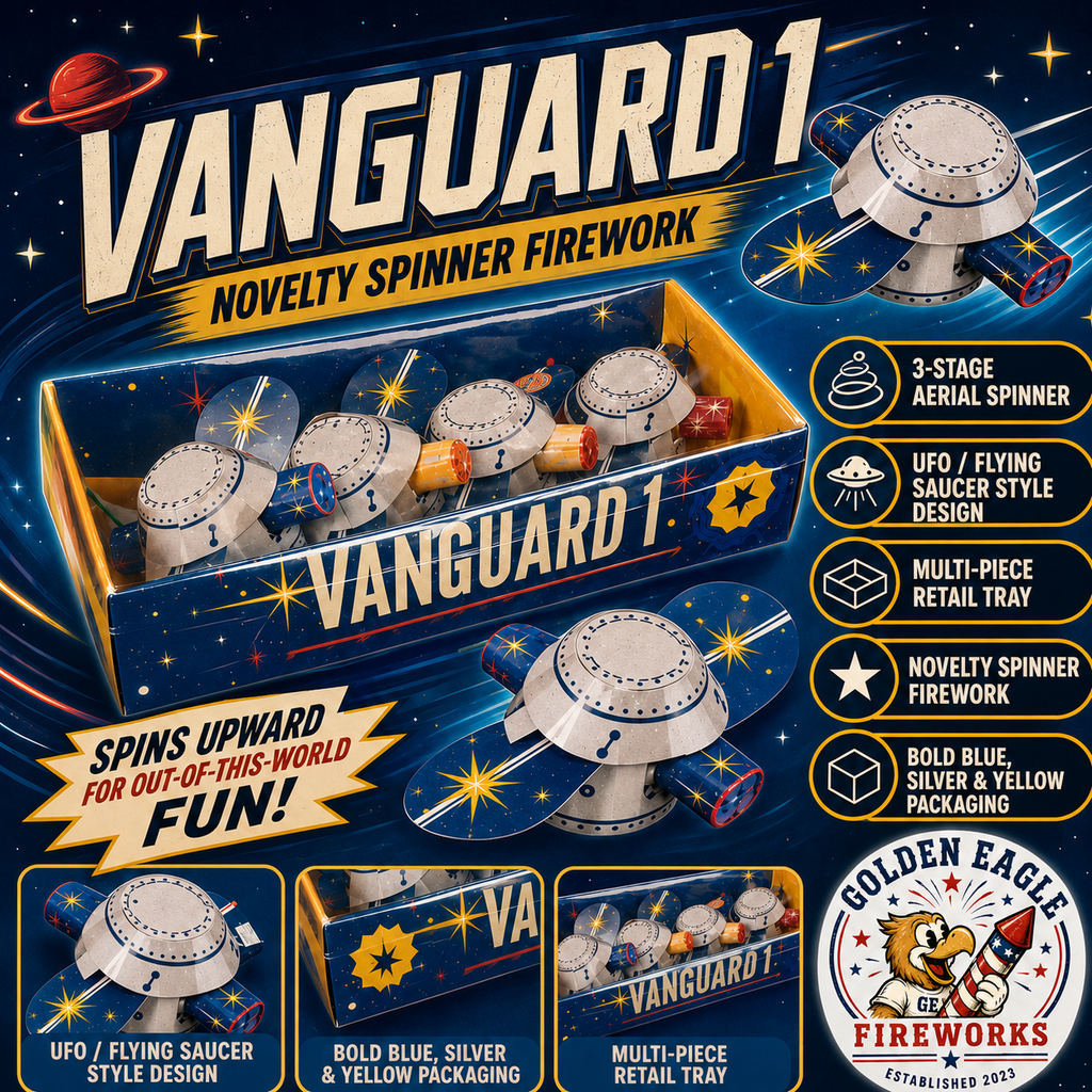 Vanguard 1 premium UFO-style novelty spinner fireworks featuring 3-stage aerial spinning action, flying saucer design, and consumer fireworks from Golden Eagle Fireworks in Humble, Texas.