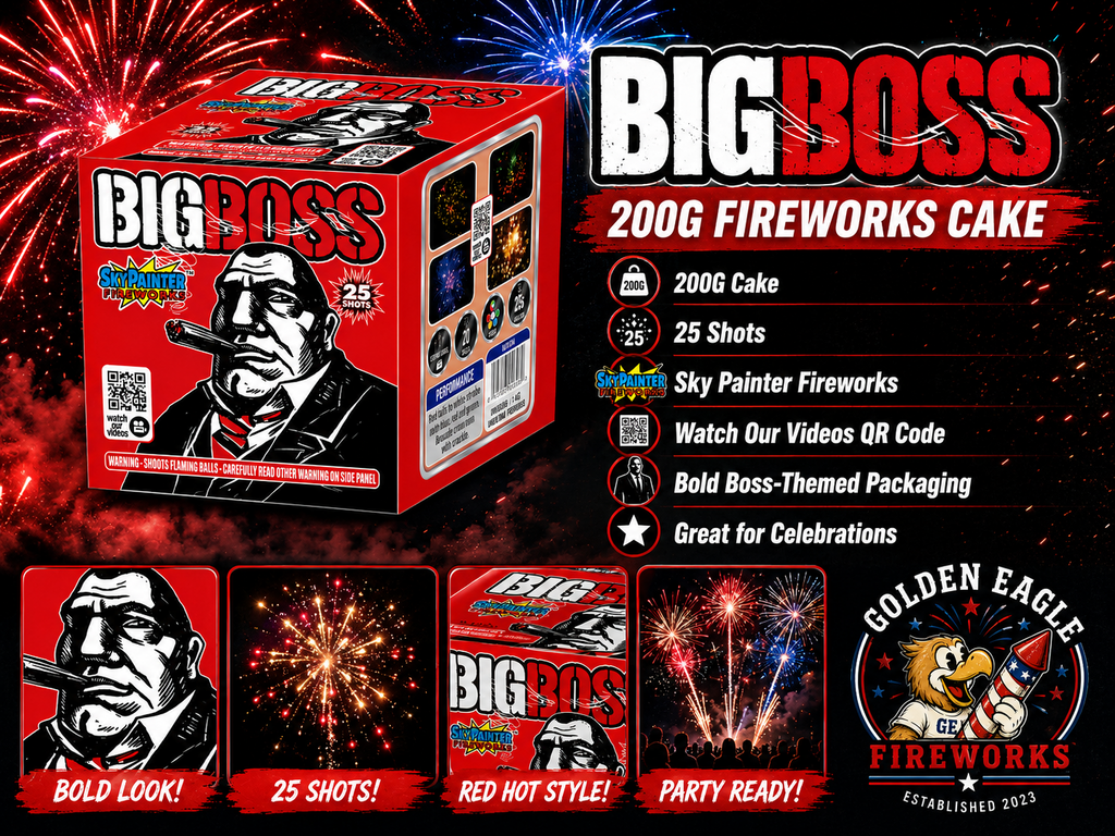 Golden Eagle Fireworks Big Boss 200g fireworks cake hero — 25 shots, multi-color aerial effects, bold boss-themed packaging by Sky Painter Fireworks, party ready 4th of July Houston TX