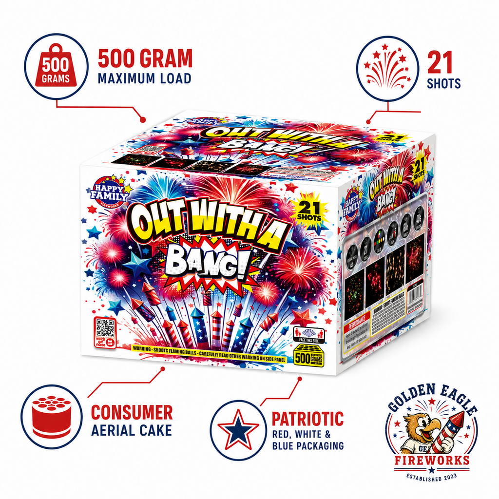 Out With A Bang consumer aerial cake sold by Golden Eagle Fireworks with 500 gram maximum load and 21 shot performance