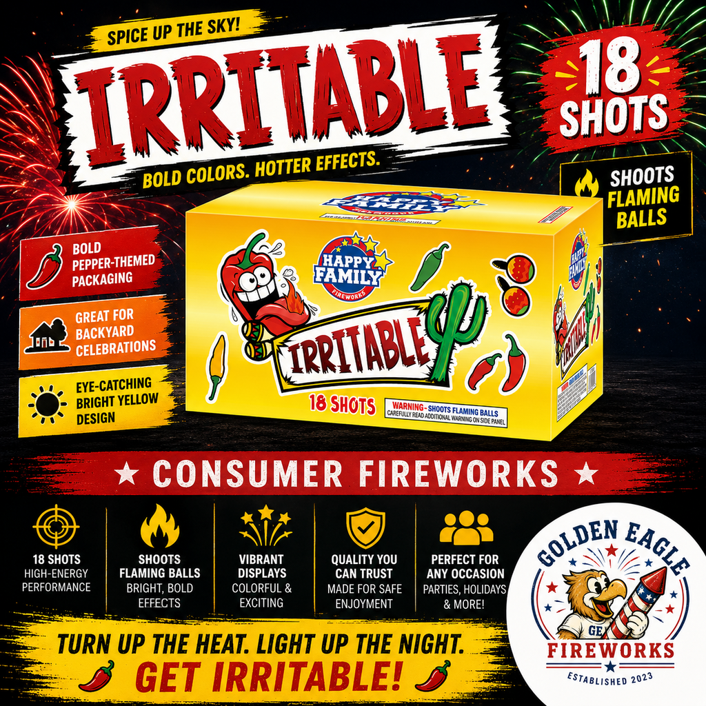 Irritable consumer fireworks cake by Happy Family — 18 shots, bright yellow standout packaging, available at Golden Eagle Fireworks