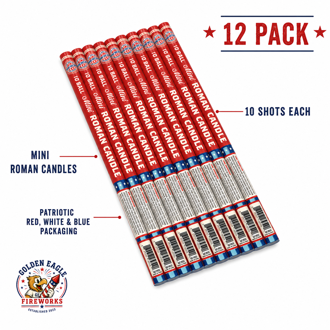 12-pack Mini Roman Candles highlighting 10 shots per candle, patriotic packaging, and compact Roman candle design.
