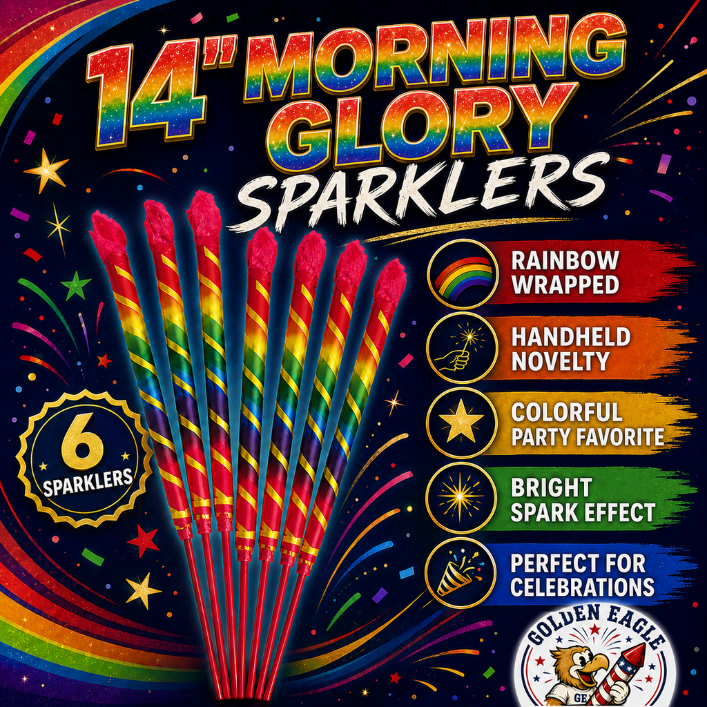 14 inch Morning Glory Sparklers infographic featuring 6 rainbow wrapped sparklers, bright assorted colors, handheld novelty design, spark effect, and celebration details from Golden Eagle Fireworks.