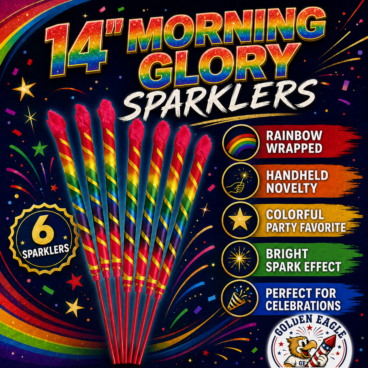 14 inch Morning Glory Sparklers infographic featuring 6 rainbow wrapped sparklers, bright assorted colors, handheld novelty design, spark effect, and celebration details from Golden Eagle Fireworks.