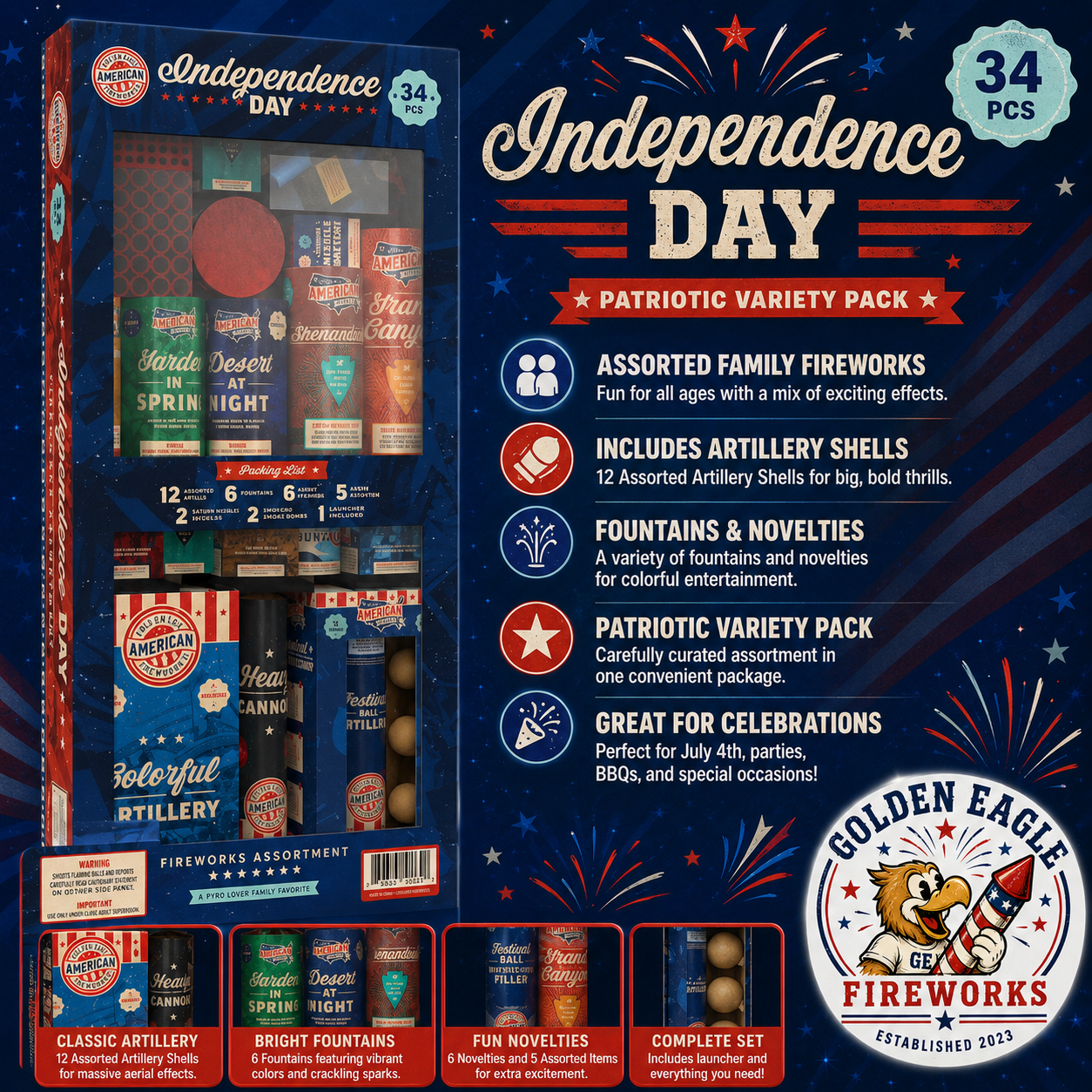 Independence Day premium 34-piece fireworks assortment featuring artillery shells, fountains, novelty fireworks, and patriotic packaging available at Golden Eagle Fireworks.