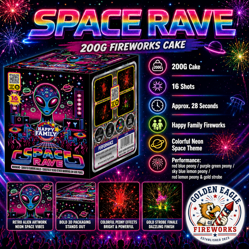 Golden Eagle Fireworks Space Rave 200g fireworks cake hero — 16 shots 28 seconds, red blue peony purple green peony sky blue lemon peony red lemon peony and gold strobe finale, Happy Family Fireworks, Houston TX