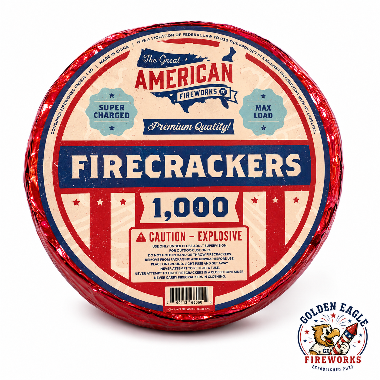 Golden Eagle Fireworks 1,000-count super charged firecracker roll, premium consumer fireworks available in Houston, Texas