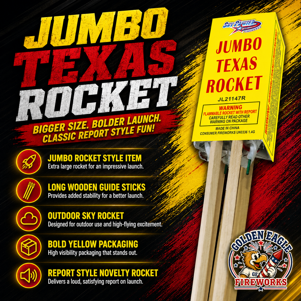 Jumbo Texas Rocket infographic featuring jumbo rocket style item, long wooden guide sticks, outdoor sky rocket design, bold yellow packaging, report-style novelty rocket details, and fireworks from Golden Eagle Fireworks.