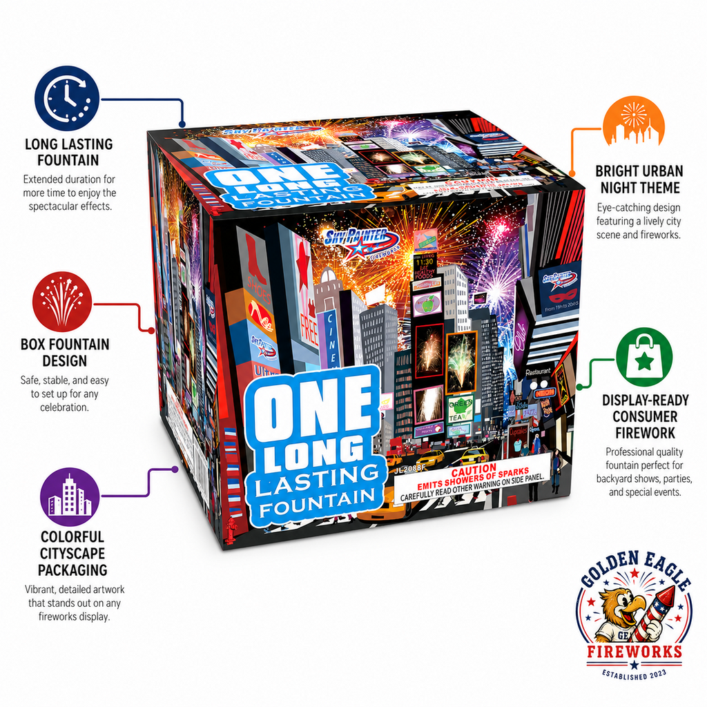 One Long Lasting Fountain firework feature image showing long lasting fountain performance, colorful cityscape packaging, stable box fountain design, and display-ready consumer fireworks from Golden Eagle Fireworks.