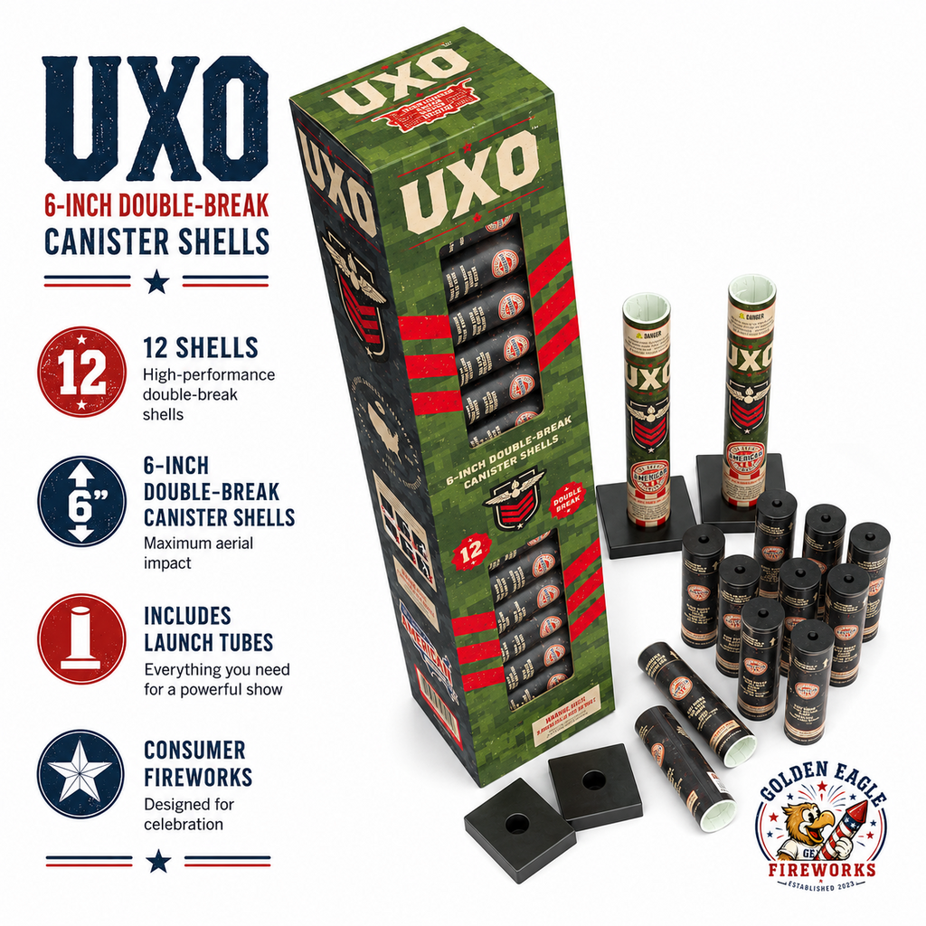 UXO reloadable shell kit featuring 12 double-break canister shells, launch tubes, military-style packaging, and high-performance consumer fireworks.