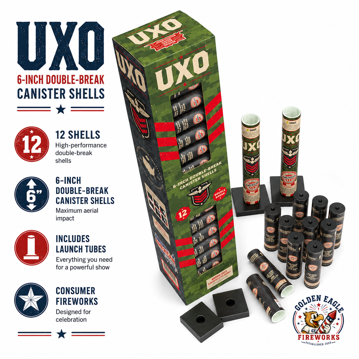 UXO reloadable shell kit featuring 12 double-break canister shells, launch tubes, military-style packaging, and high-performance consumer fireworks.