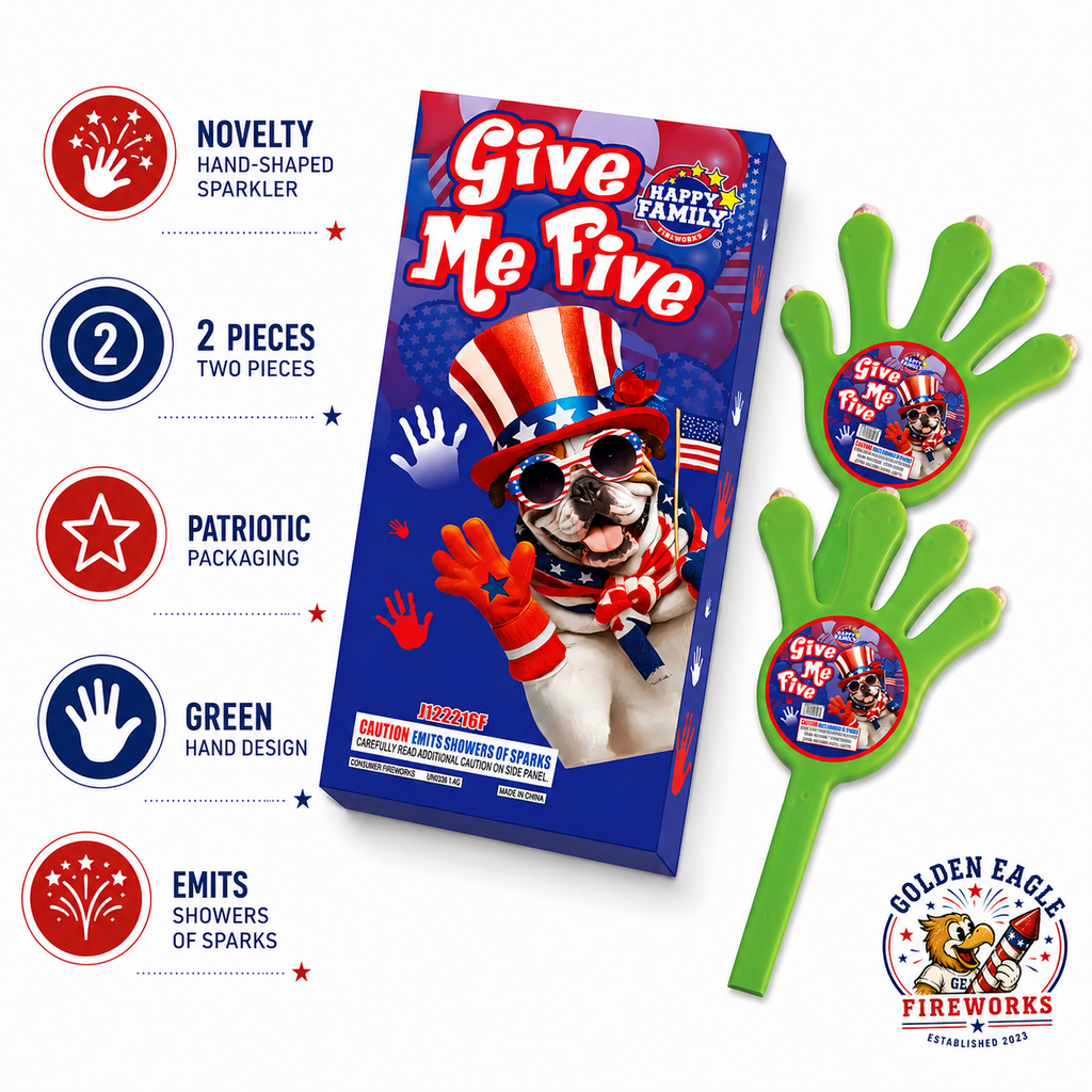 Give Me Five feature image showing 2 hand-shaped sparklers, green novelty hand design, patriotic packaging, showers of sparks effect, and fun party fireworks from Golden Eagle Fireworks.