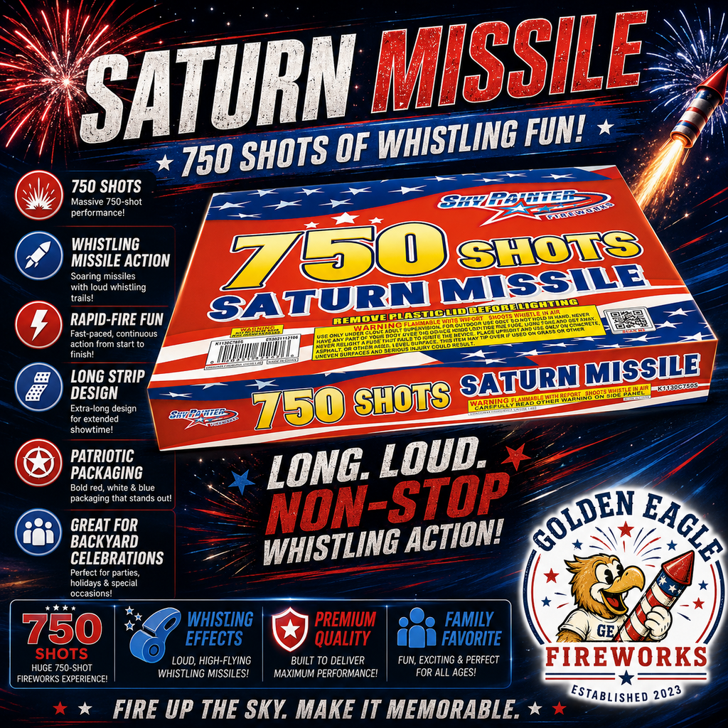 Golden Eagle Fireworks Sky Painter Saturn Missile 750-shot whistling missile battery hero — long loud non-stop whistling action, rapid fire patriotic packaging K1130C750S, Houston TX