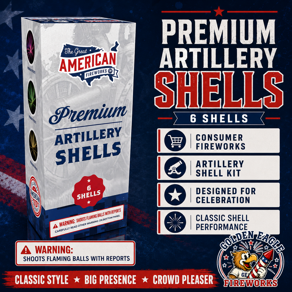 Premium Artillery Shells 6-shell consumer fireworks kit featuring classic shell performance, patriotic design, and crowd-pleasing aerial effects.