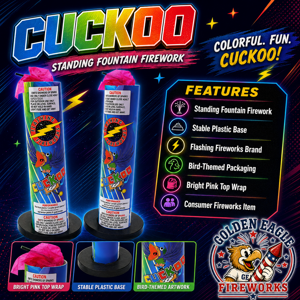 Cuckoo standing fountain firework infographic featuring colorful packaging, bright pink top wrap, stable plastic base, bird-themed artwork, and consumer fireworks details from Golden Eagle Fireworks.