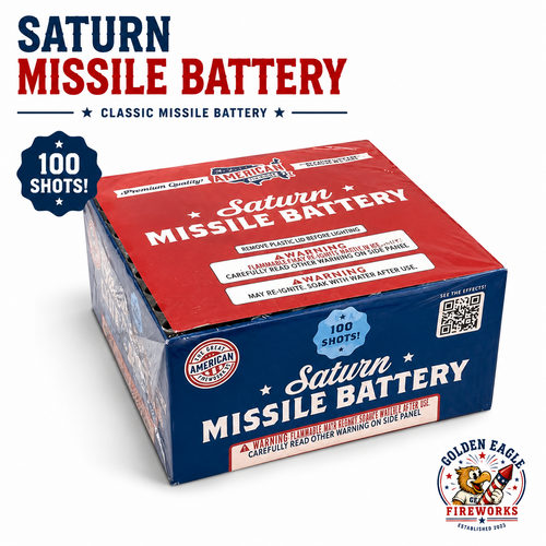 Golden Eagle Fireworks Saturn Missile Battery 100-shot angled view — classic missile battery premium quality, The Great American Fireworks Co., may re-ignite soak with water after use, Houston TX