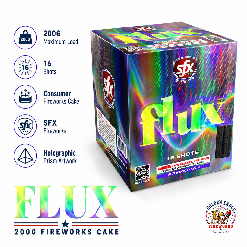 Golden Eagle Fireworks SFX Flux 200g maximum load fireworks cake angled view — 16 shots, holographic prism artwork, consumer fireworks cake by SFX Fireworks, Houston TX