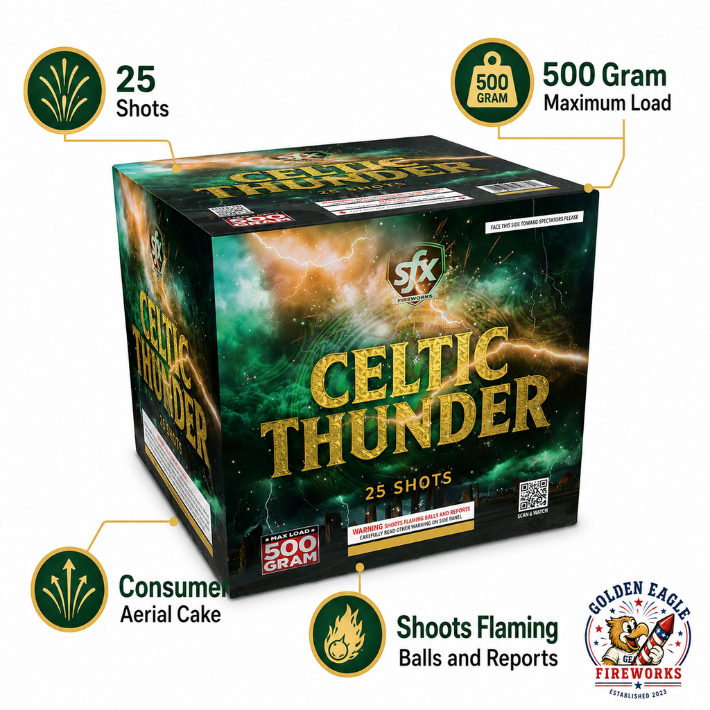 Celtic Thunder consumer aerial cake with 25 shots and 500 gram maximum load sold by Golden Eagle Fireworks near Houston and Atascocita Texas.