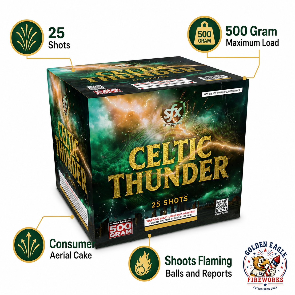 Celtic Thunder consumer aerial cake with 25 shots and 500 gram maximum load sold by Golden Eagle Fireworks near Houston and Atascocita Texas.