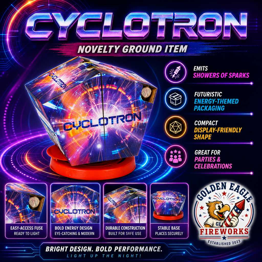 Cyclotron spinning ground fountain firework infographic featuring showers of sparks, futuristic energy-themed packaging, compact display-friendly shape, stable base, and party firework details from Golden Eagle Fireworks.