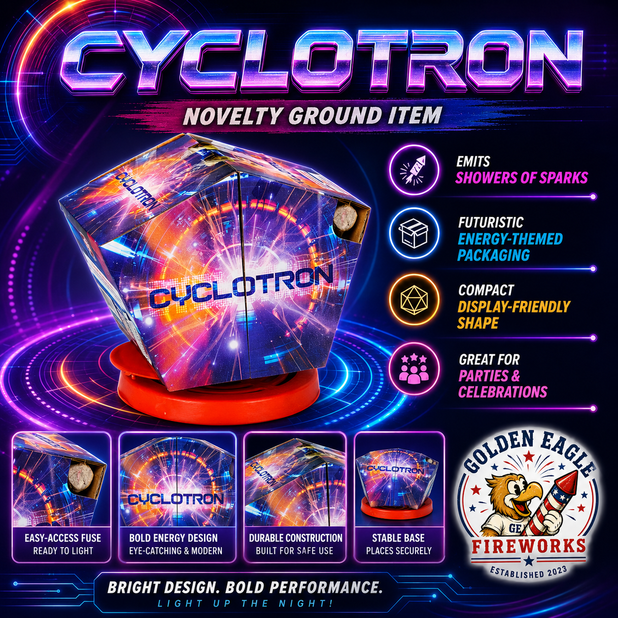 Cyclotron spinning ground fountain firework infographic featuring showers of sparks, futuristic energy-themed packaging, compact display-friendly shape, stable base, and party firework details from Golden Eagle Fireworks.