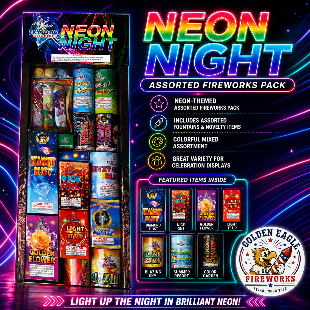 Neon Night premium assorted fireworks variety pack featuring fountains, novelties, colorful fireworks, and celebration effects from Golden Eagle Fireworks.