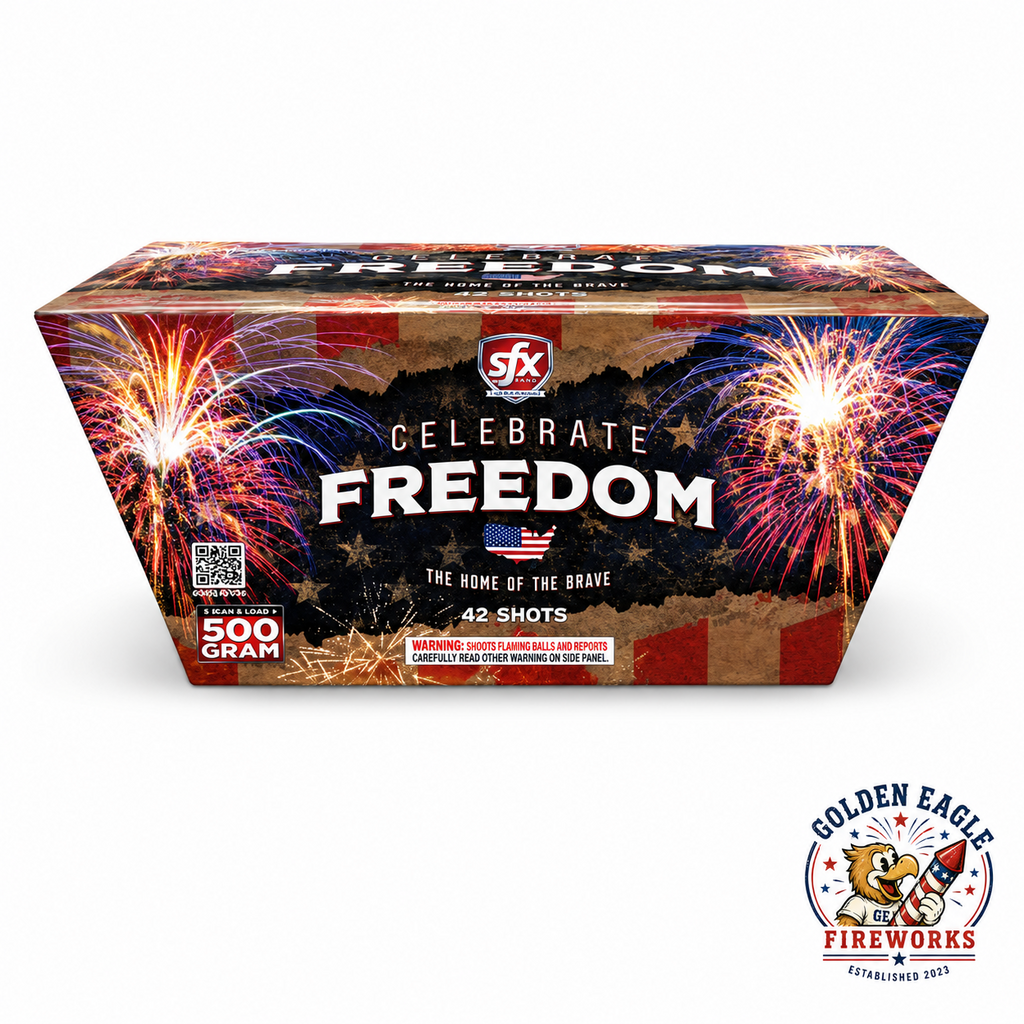 Celebrate Freedom 500 gram aerial cake by SFX Fireworks featuring 42 shots, patriotic fireworks packaging and consumer aerial performance available at Golden Eagle Fireworks
