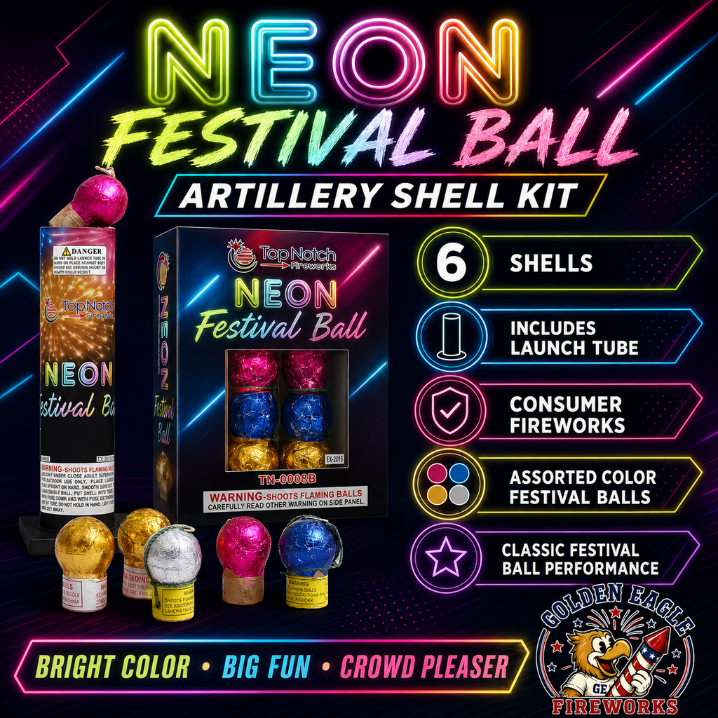 Neon Festival Ball artillery shell kit with assorted color festival ball shells, launch tube included, bright neon-themed fireworks packaging.