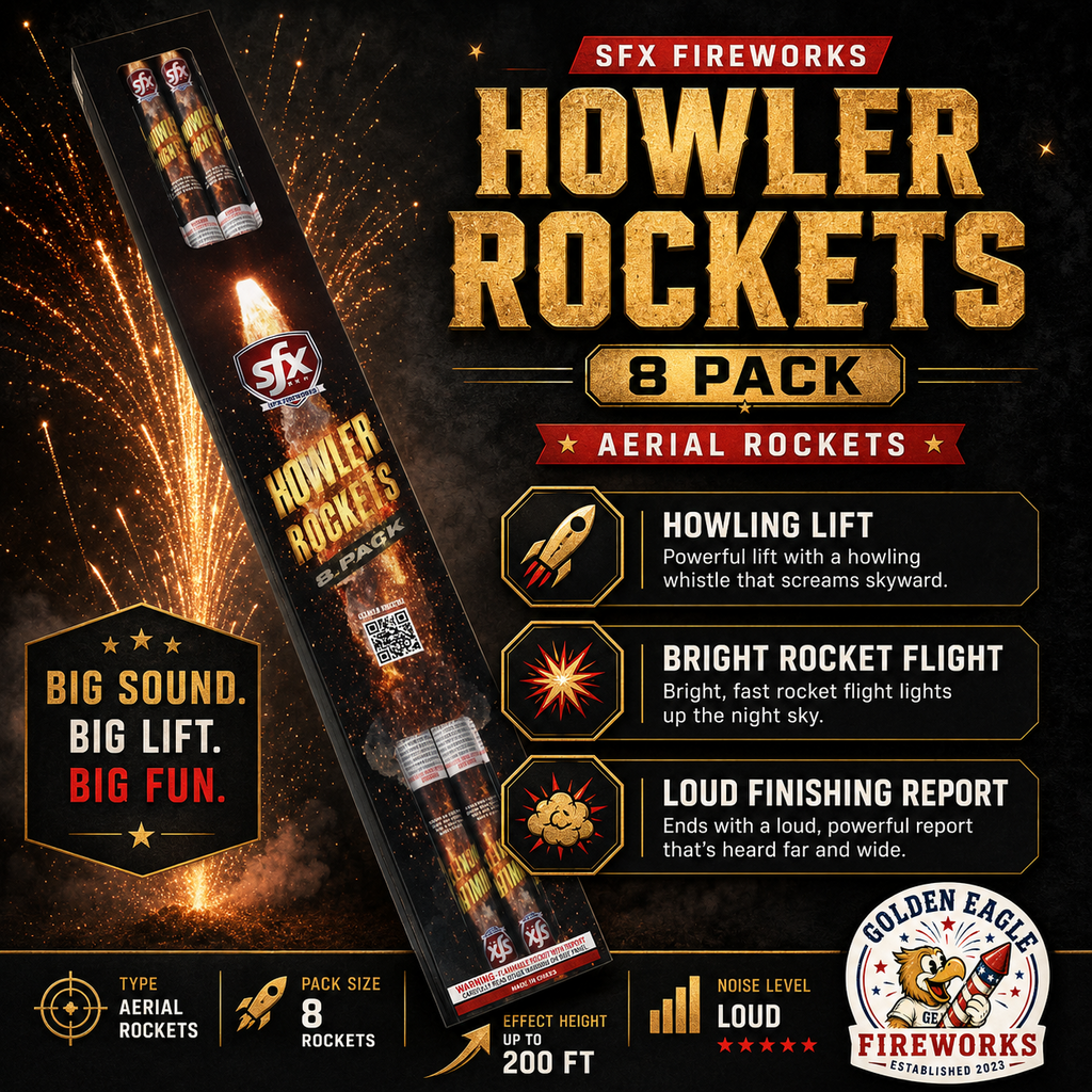 Golden Eagle Fireworks SFX Howler Rockets 8-pack aerial rockets, howling lift whistle ascent up to 200 feet bright rocket flight loud finishing report, big sound big lift big fun Houston TX