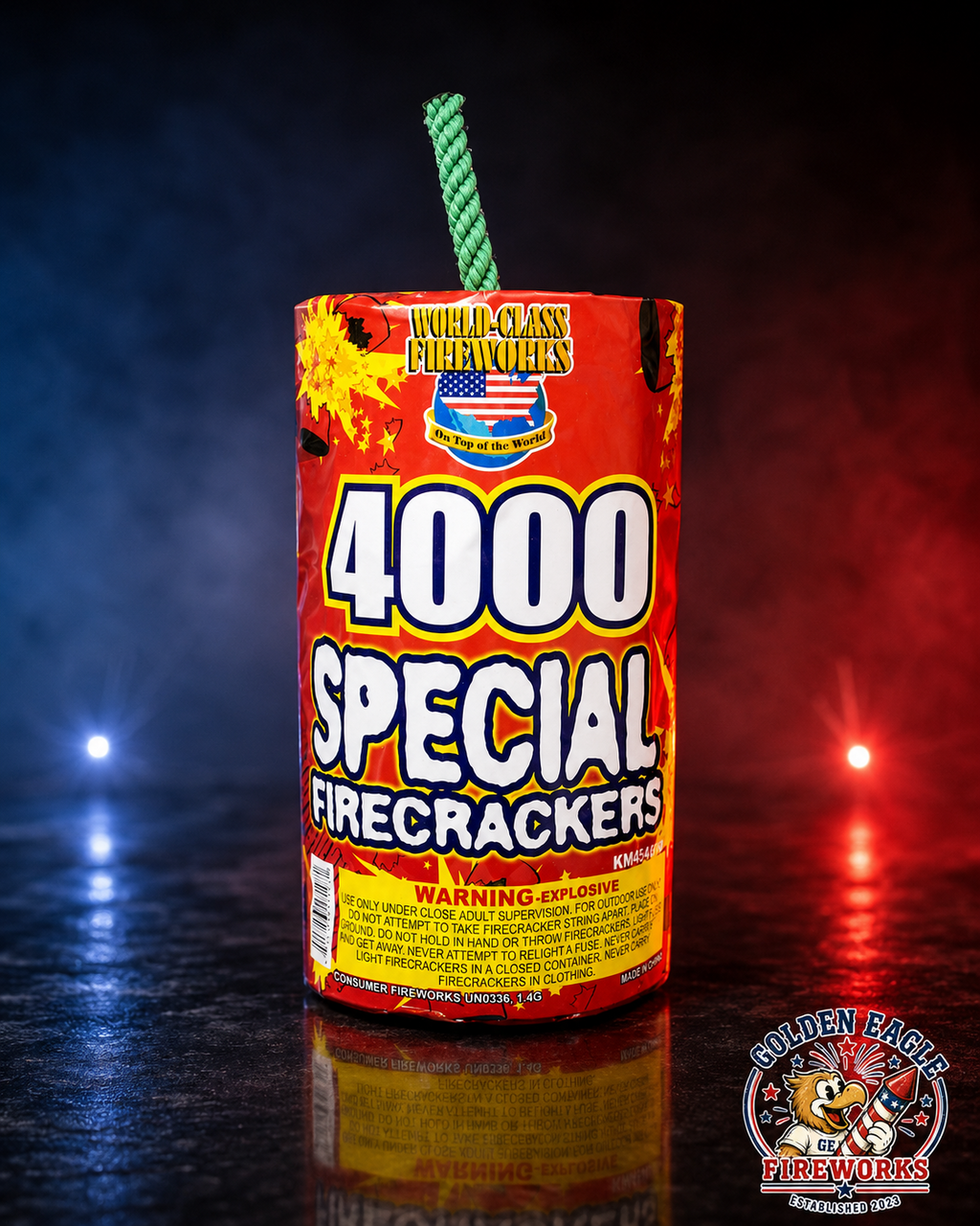 Golden Eagle Fireworks 4,000 Special Firecrackers roll by World-Class Fireworks displayed with dramatic red and blue lighting, large count consumer firecracker brick UN0336 1.4G, Houston TX