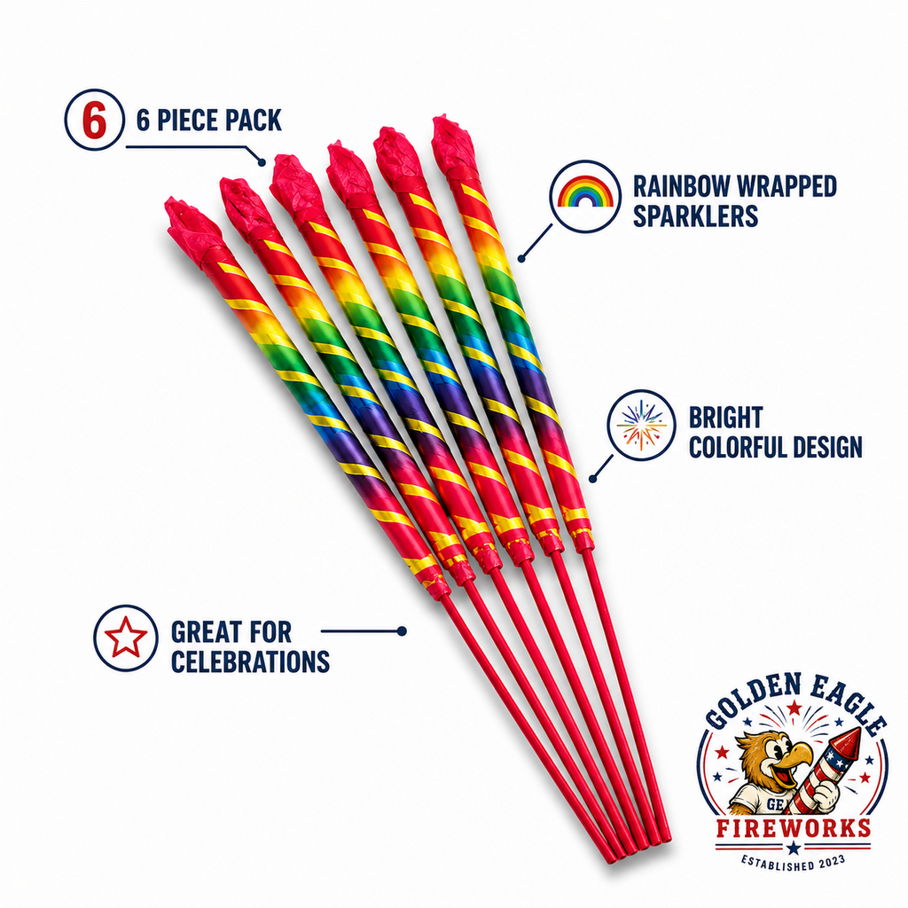 Morning Glory Sparklers 14 inch 6 pack feature image showing rainbow wrapped sparklers, colorful party design, handheld novelty use, and celebration fireworks from Golden Eagle Fireworks.