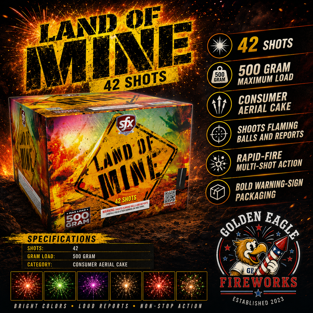 Land of Mine fireworks cake by SFX Fireworks delivering 42 shots of rapid-fire aerial action, bright colors, loud reports and crowd-pleasing effects at Golden Eagle Fireworks