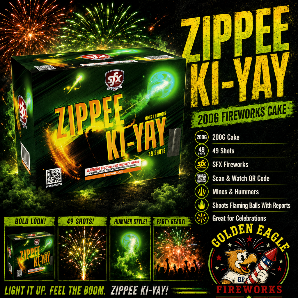 Golden Eagle Fireworks SFX Zippee Ki-Yay 200g fireworks cake hero — 49 shots mines and hummers, flaming balls with reports, bold green gold packaging, light it up feel the boom Houston TX