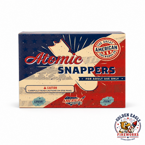 Atomic Snappers novelty fireworks featuring patriotic red, white, and blue box packaging, loud snap effect, classic throw-down fun, and adult-use novelty fireworks available at Golden Eagle Fireworks.