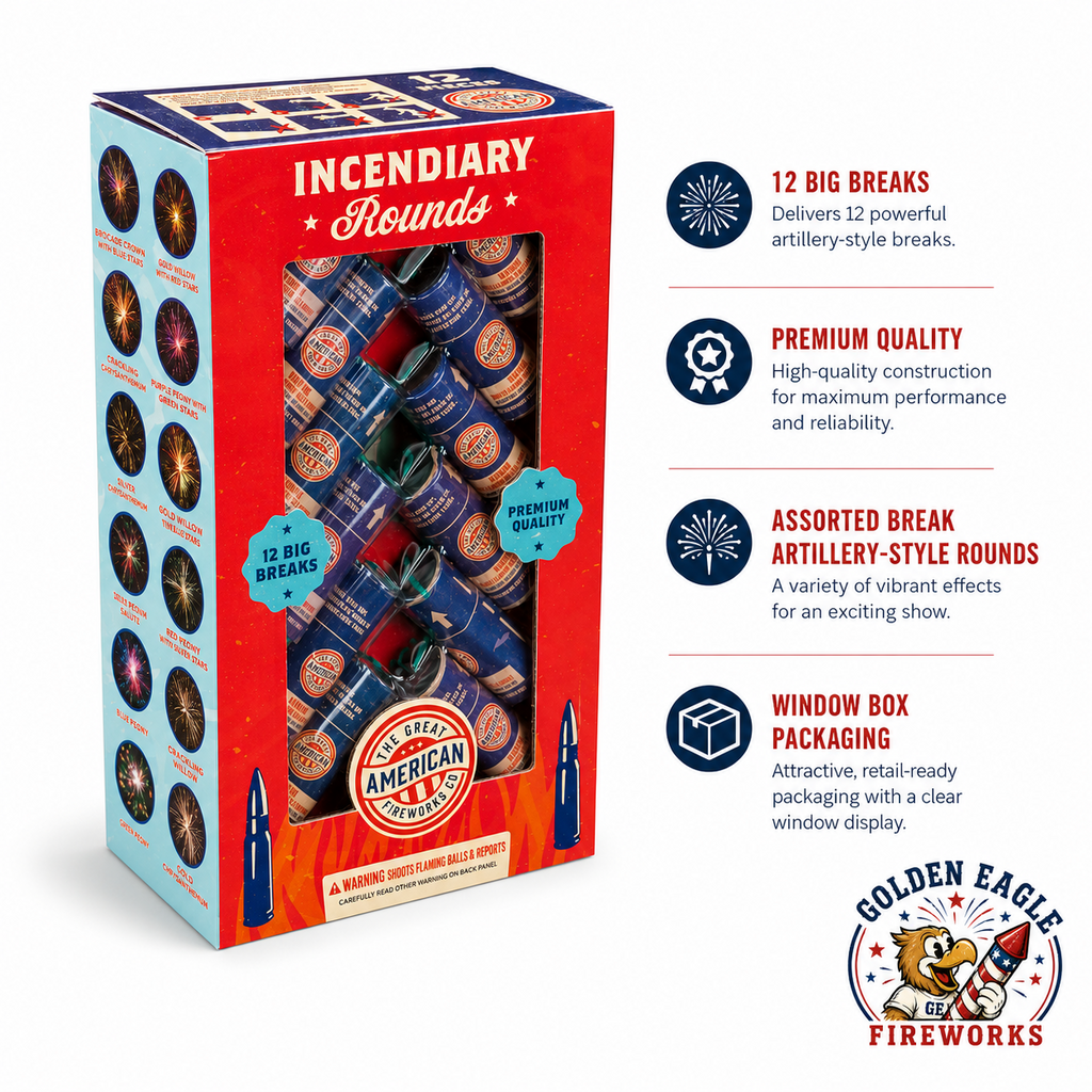 Incendiary Rounds fireworks assortment with 12 artillery-style break shells, premium quality construction, assorted aerial effects, and retail-ready window packaging.