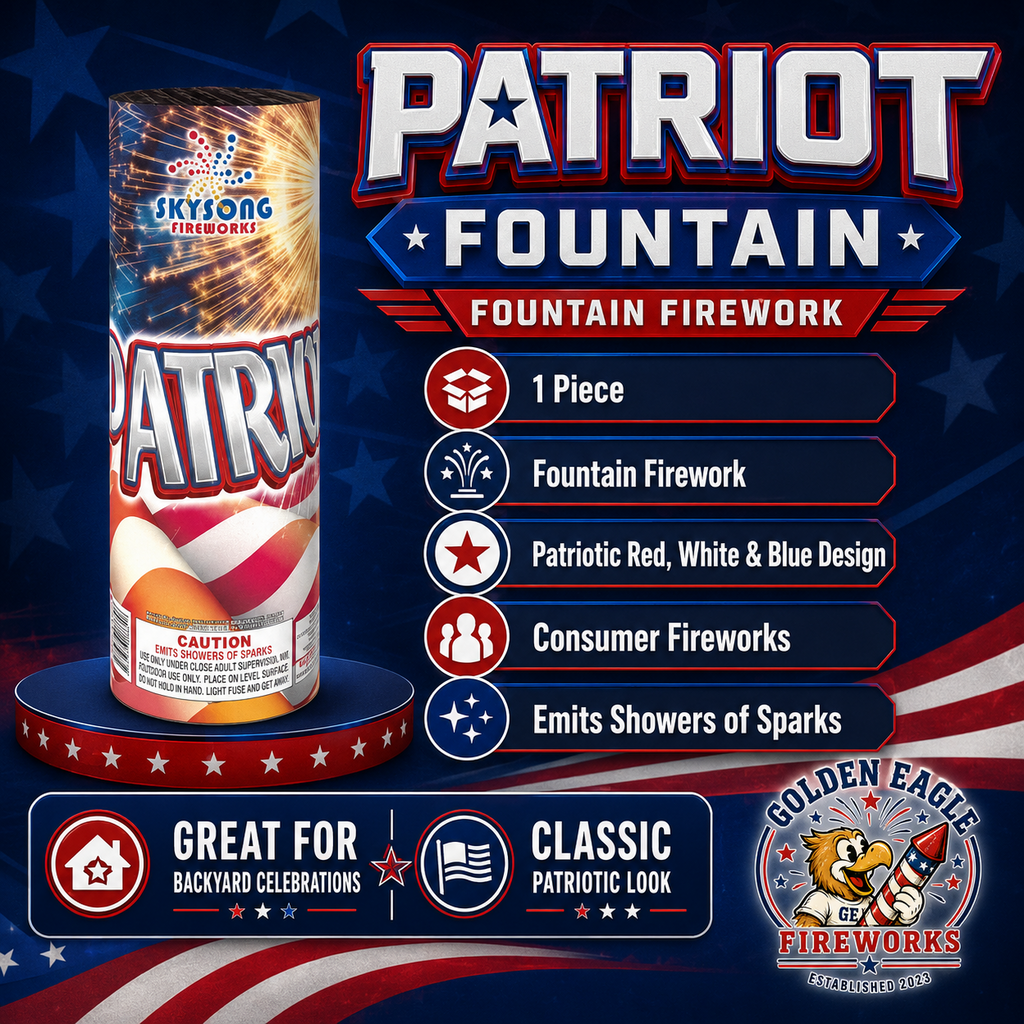 Patriot Fountain infographic featuring 1 piece fountain firework, patriotic red white and blue packaging, consumer fireworks design, emits showers of sparks, and classic backyard fireworks details from Golden Eagle Fireworks.