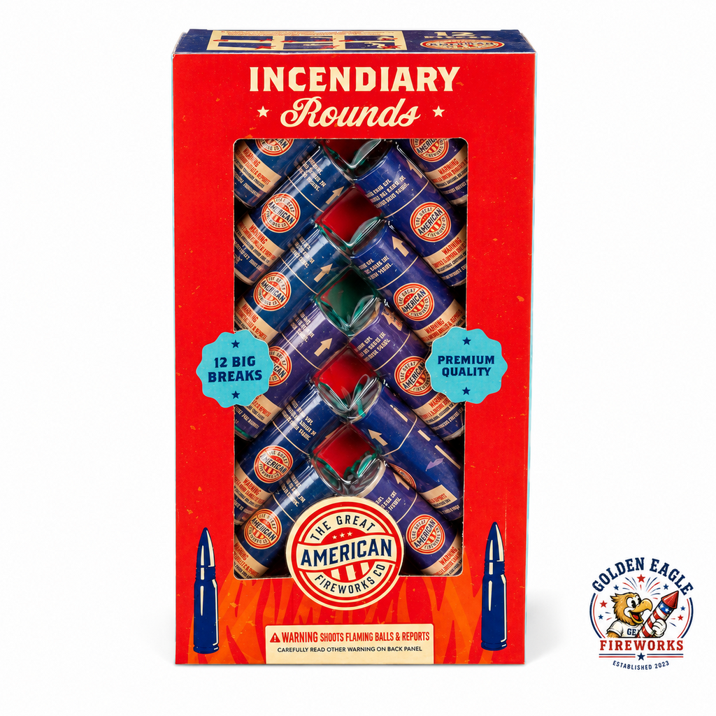 Incendiary Rounds artillery-style shell kit featuring 12 premium break shells in patriotic red, white, and blue packaging from Golden Eagle Fireworks.