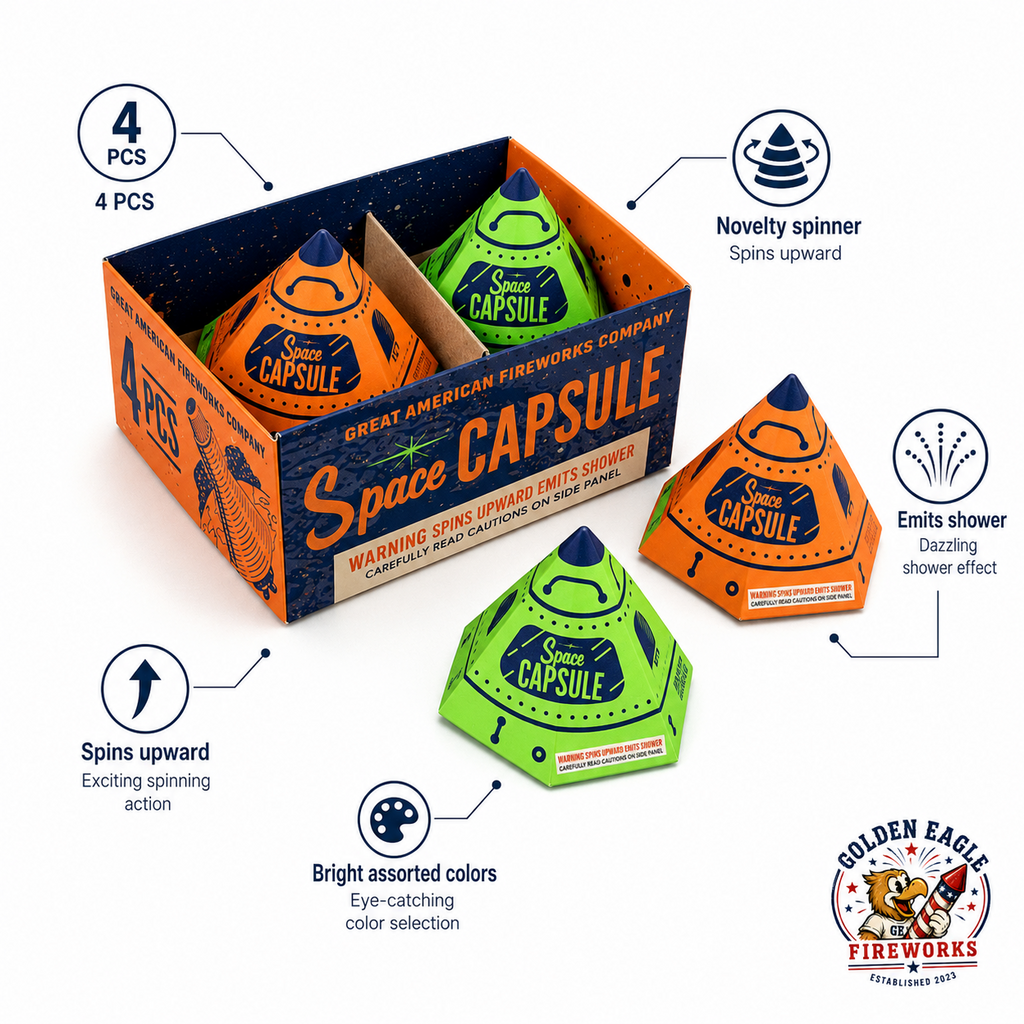 Space Capsule novelty fireworks featuring a 4-piece spinner pack, upward spinning action, bright assorted colors, and sparkling consumer fireworks from Golden Eagle Fireworks.