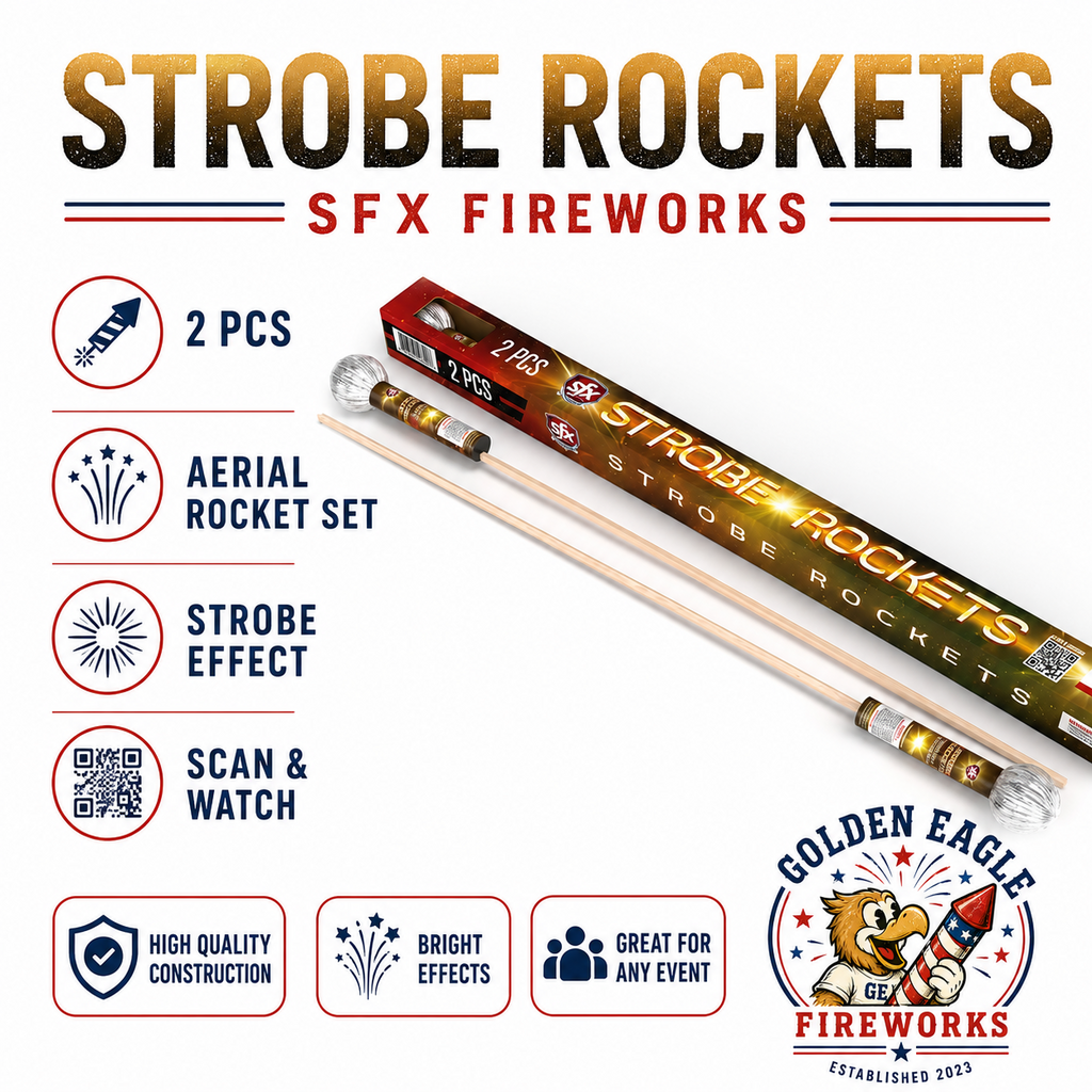 Golden Eagle Fireworks SFX Strobe Rockets 2-piece aerial rocket set spec view — strobe effect, long stick rockets, high quality construction bright effects, SFX Fireworks, Houston TX
