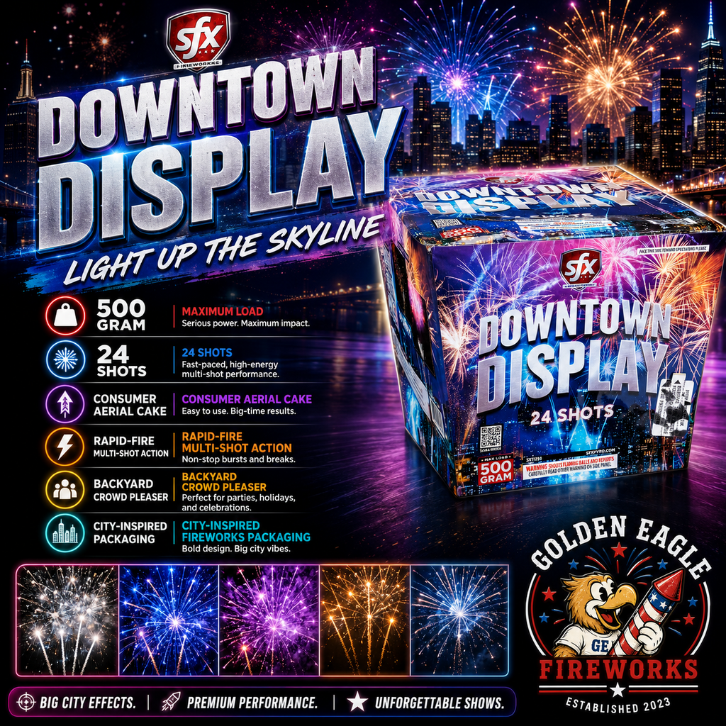 Downtown Display 500 gram 24-shot fireworks cake by SFX Fireworks — rapid-fire multi-shot action, big city effects, available at Golden Eagle Fireworks