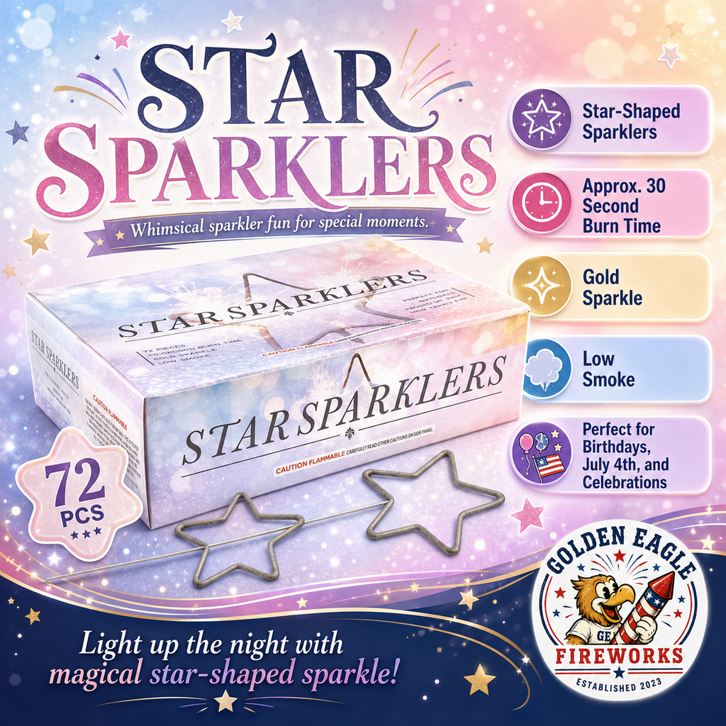 Star Sparklers infographic featuring 72 star-shaped sparklers, gold sparkle effect, low smoke design, decorative novelty style, and celebration sparkler details from Golden Eagle Fireworks.