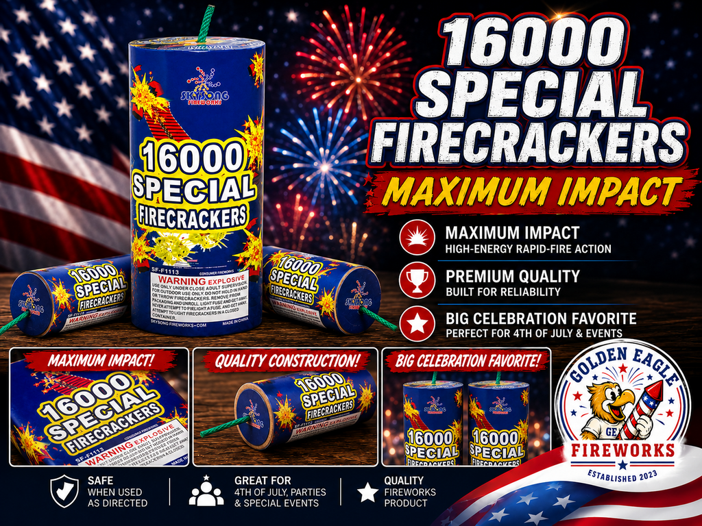 Golden Eagle Fireworks Skysong 16,000 Special Firecrackers Maximum Impact hero image — high-energy rapid-fire action, premium quality, big celebration favorite for 4th of July and special events, Houston TX