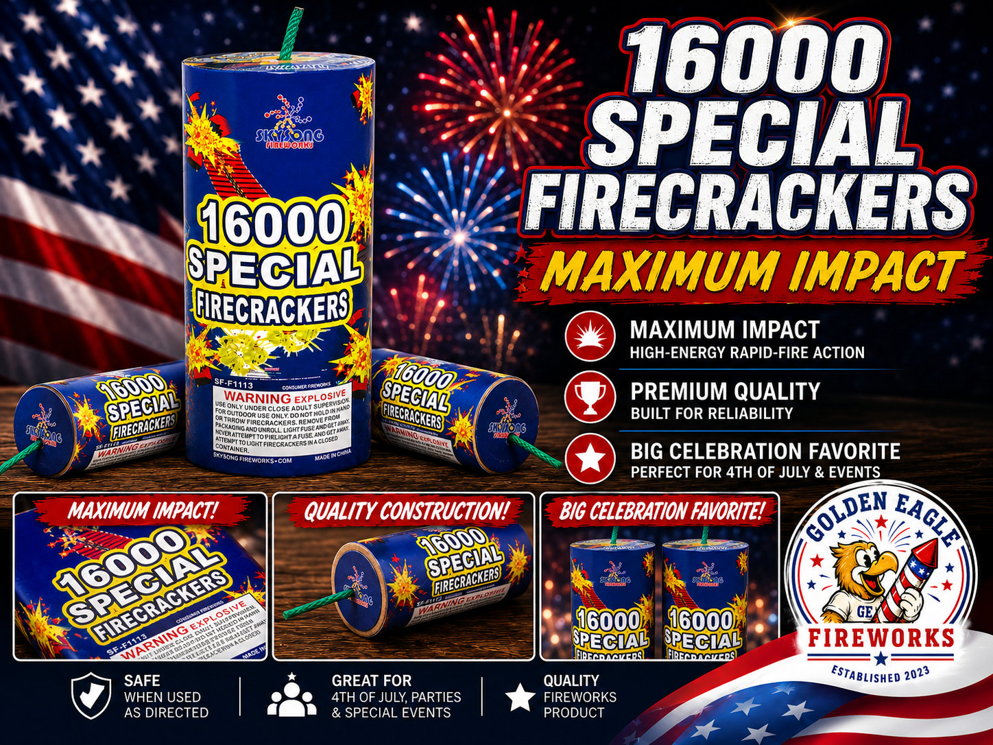 Golden Eagle Fireworks Skysong 16,000 Special Firecrackers Maximum Impact hero image — high-energy rapid-fire action, premium quality, big celebration favorite for 4th of July and special events, Houston TX
