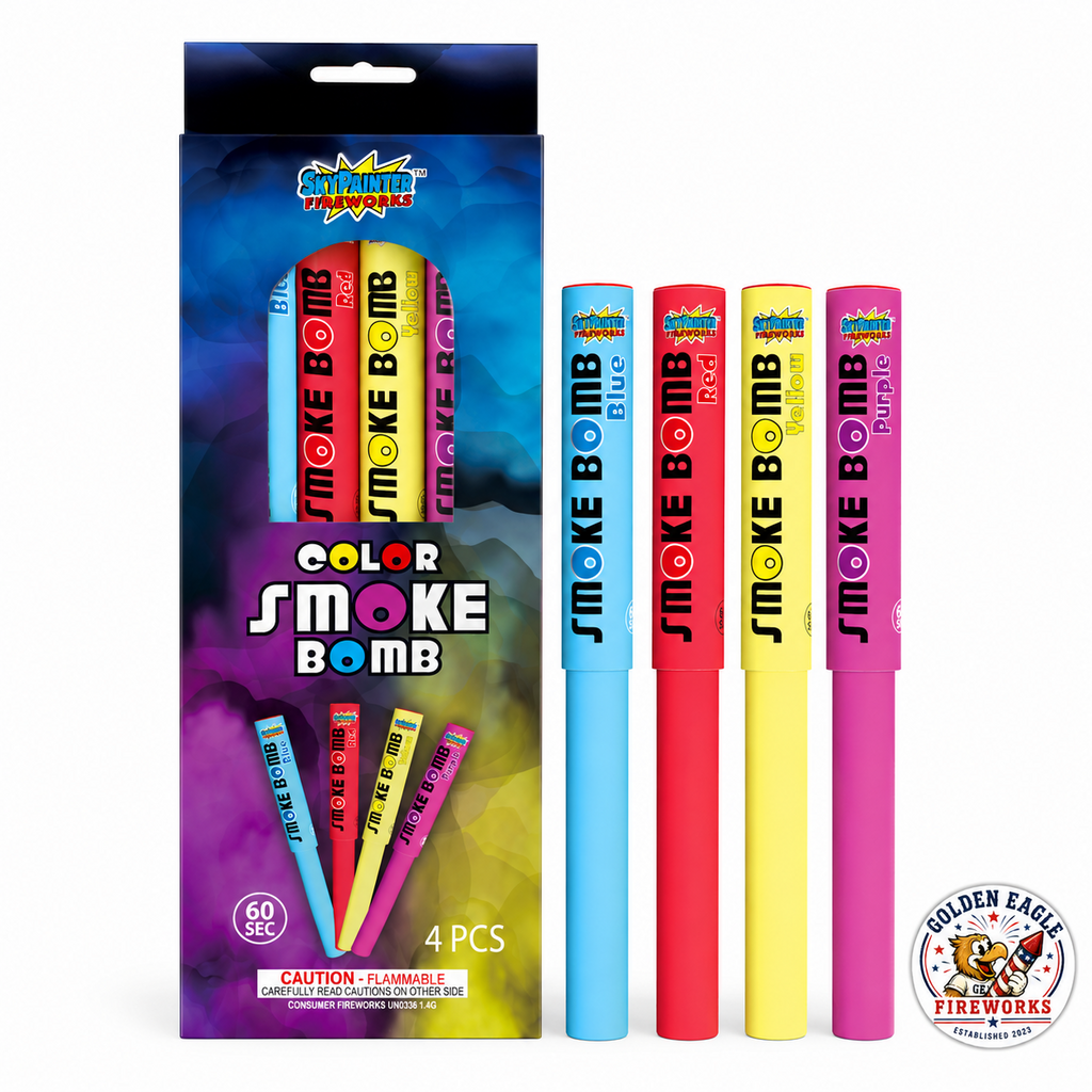 Color Smoke Bomb 4 piece pack featuring blue, red, yellow, and purple smoke bombs, bright colorful packaging, approximate 60 second smoke effect, and daytime fireworks fun available at Golden Eagle Fireworks.
