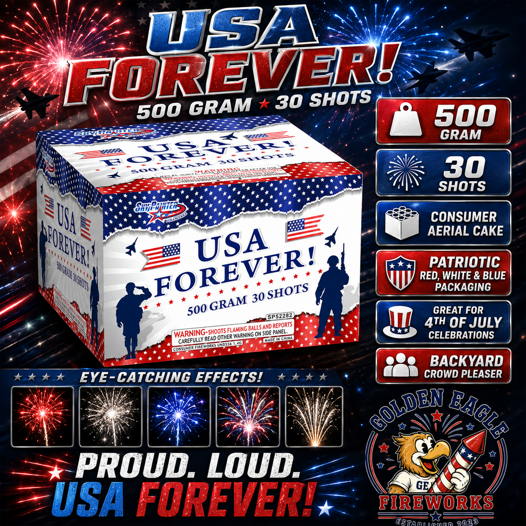 USA Forever 500 gram aerial cake by Sky Painter Fireworks — 30 shots, patriotic red white and blue packaging, available at Golden Eagle Fireworks