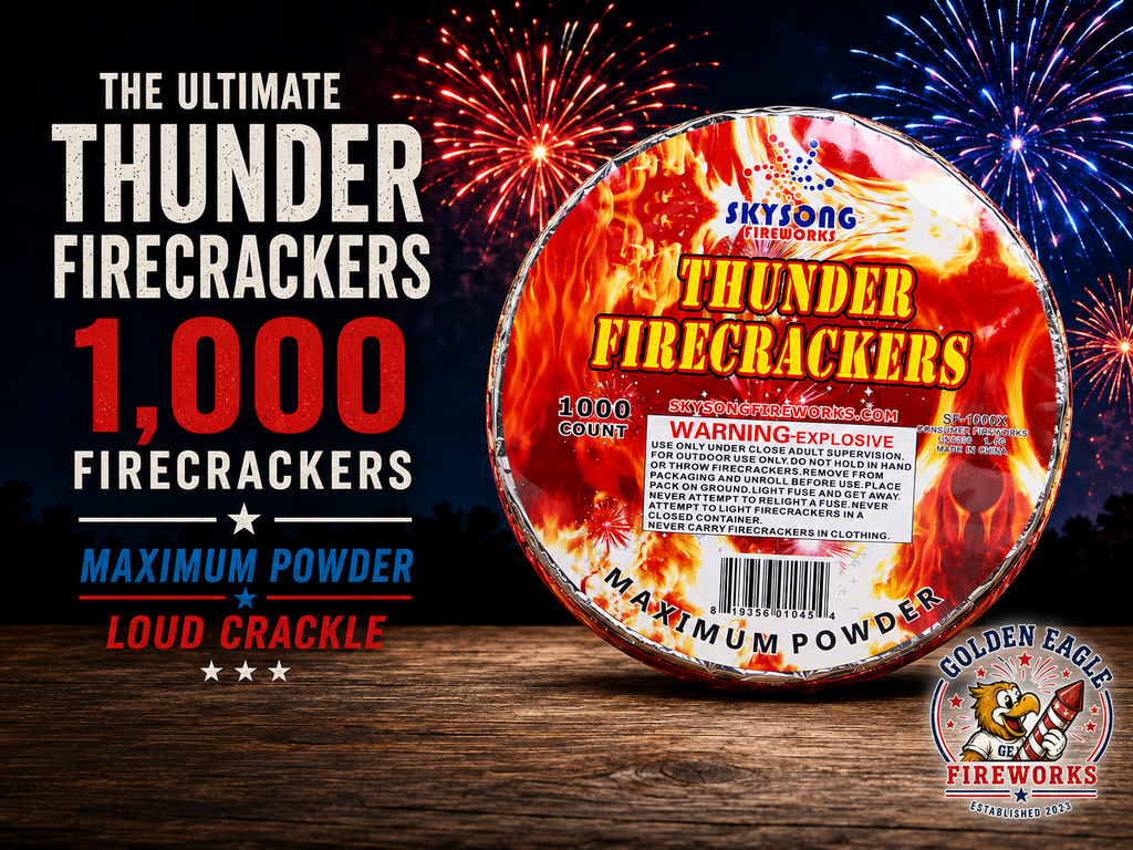 Golden Eagle Fireworks Skysong Thunder Firecrackers 1,000-count Maximum Powder loud crackle hero image, ultimate consumer firecracker roll SF-1000X, 4th of July fireworks Houston TX