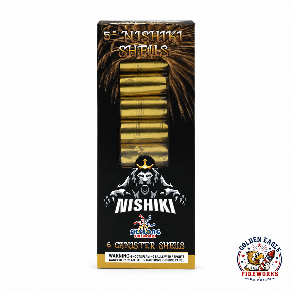 Nishiki Shells 5-inch canister shell fireworks kit featuring 6 premium canister shells in gold and black packaging.