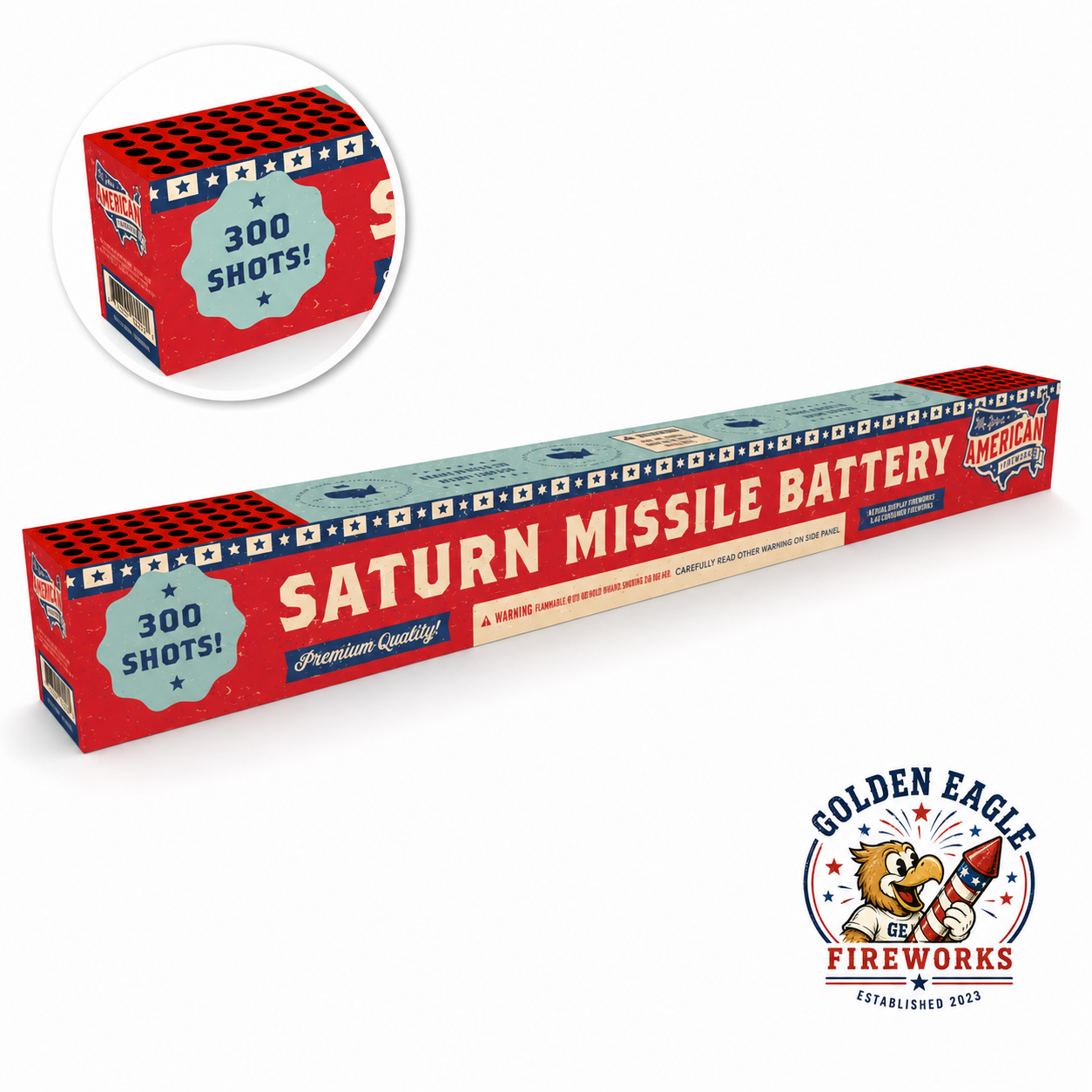 Golden Eagle Fireworks Saturn Missile Battery 300-shot long strip design flat lay showing full length and end detail, aerial display 1.4G consumer fireworks The Great American Fireworks Co., Houston TX