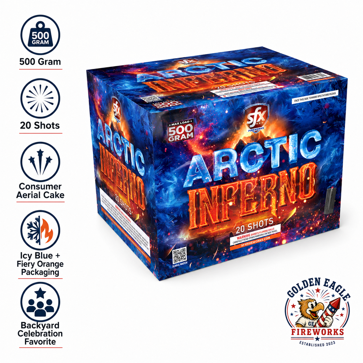 Arctic Inferno 500g 20-shot consumer aerial cake — icy blue and fiery orange design, rapid-fire flaming ball effects, sold at Golden Eagle Fireworks Houston TX