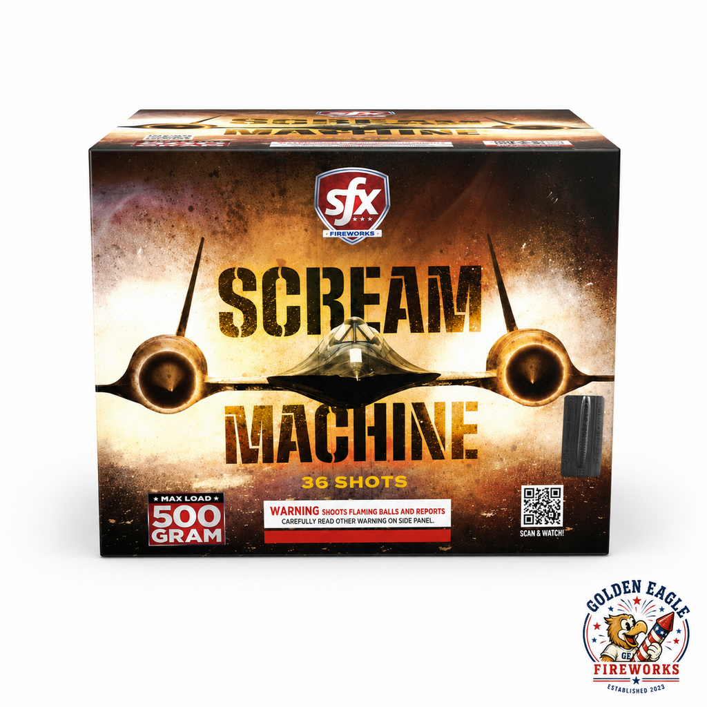 Scream Machine 500 gram aerial cake featuring 36 shots and fighter jet themed packaging, available at Golden Eagle Fireworks in Humble Texas.