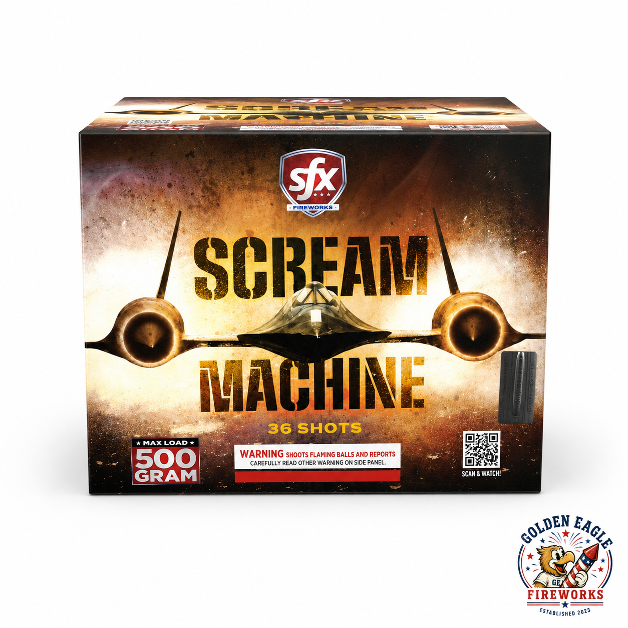 Scream Machine 500 gram aerial cake featuring 36 shots and fighter jet themed packaging, available at Golden Eagle Fireworks in Humble Texas.
